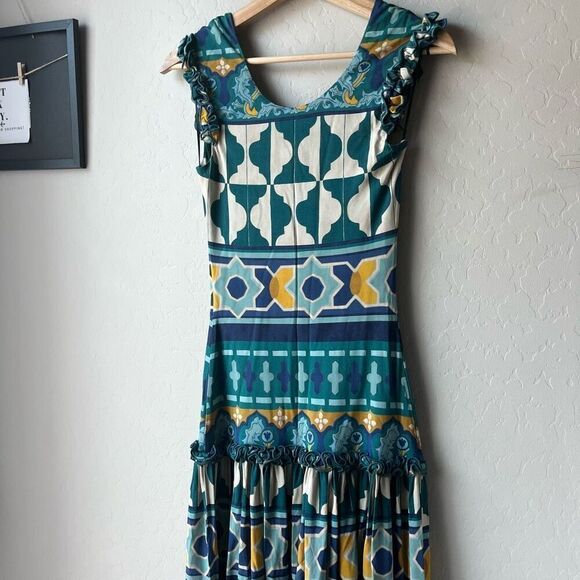 La DoubleJ Dress Pimento Blue Printed V-Neck Short Sleeve Maxi Dress Size XS - Picture 9 of 13